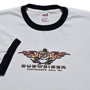 VTG Y2K Budweiser Ball Ringer T Shirt‎ Mens XL White Grunge Anvil